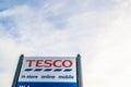 OAKHAM, RUTLAND/ENGLAND Ã¢â¬â April 8 2020: Tesco store sign in Oakham, Rutland, England